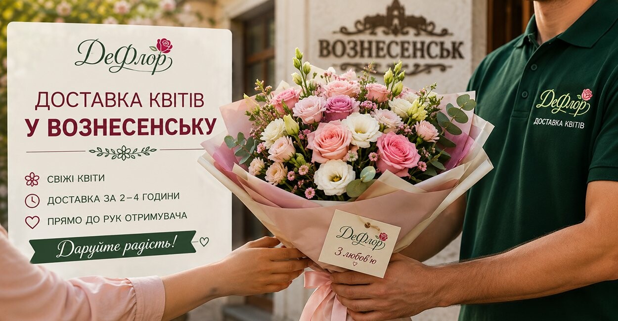 Доставка свіжих квітів у Вознесенську від ДеФлор - кур’єр вручає букет отримувачу 